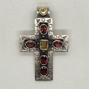 Authentic Native American 925 Silver Cross Pendant with Amethyst/Citrine accents